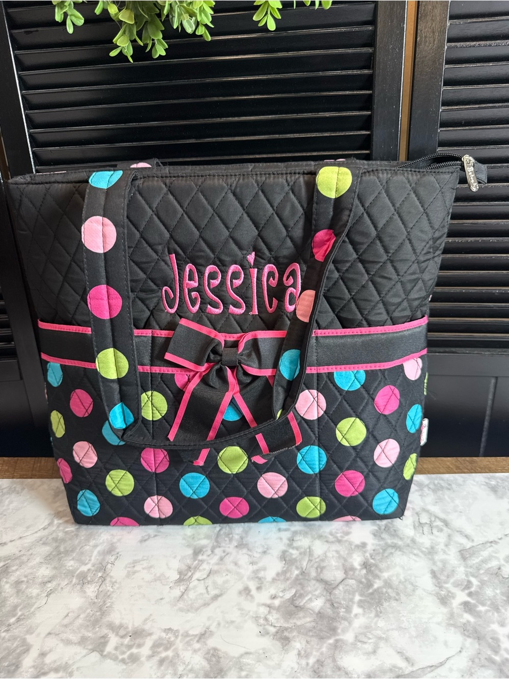 Personalized Black Quilted Shoulder Bag with Bright Polka Dots